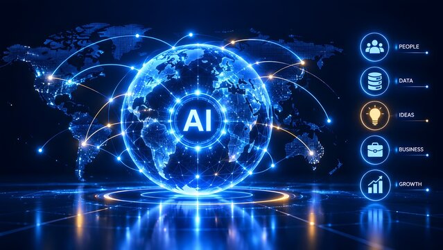 Global artificial intelligence network connecting worldwide business data people and growth concepts on a futuristic blue earth hologram