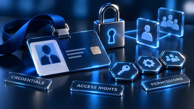 Digital access control concept with glowing smart card badge padlock and user permission hexagon icons