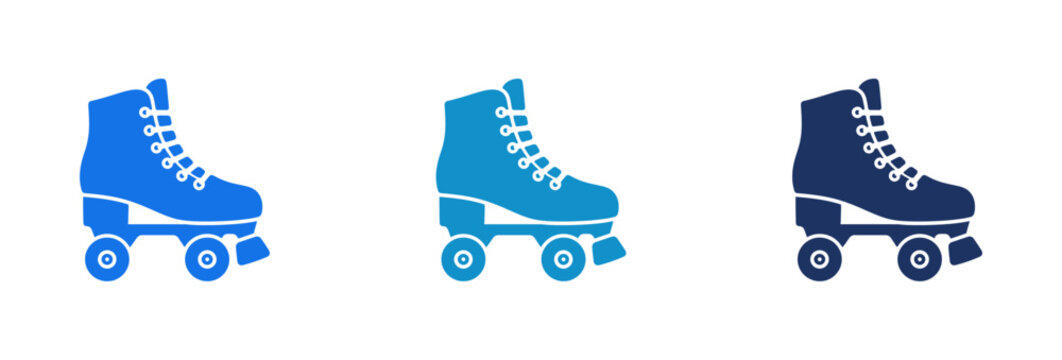 Set of three blue roller skate icons in different shades of blue.