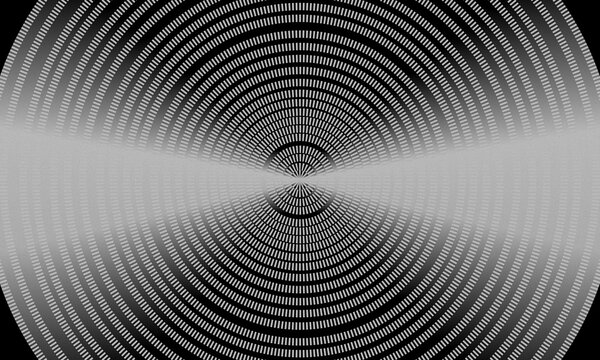 Minimalist stippling geometric design with concentric circles symbolizing infinity motion, depth, energy and vibration. Dynamic illusion of sound waves and ripples spreading endlessly in space. Vector
