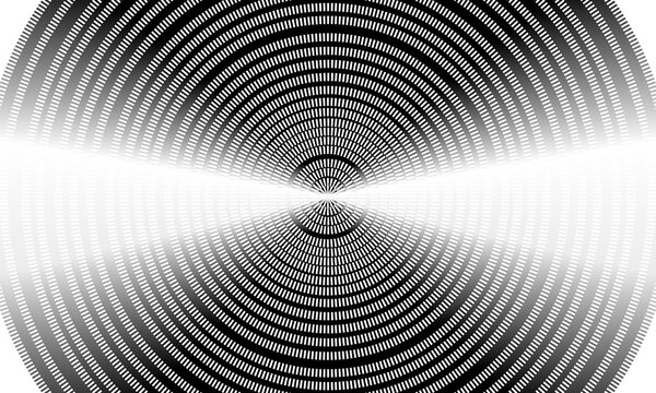 Minimalist stippling geometric design with concentric circles symbolizing infinity motion, depth, energy and vibration. Dynamic illusion of sound waves and ripples spreading endlessly in space. Vector
