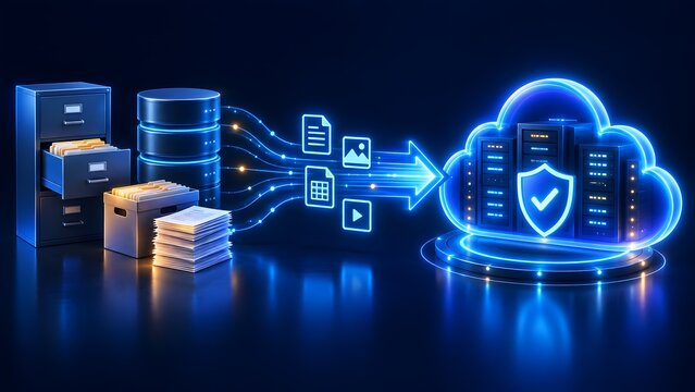 Digital transformation concept moving physical documents and local server data into secure cloud storage with glowing shield protection