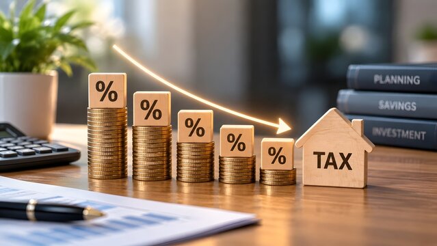 Property tax reduction and falling interest rates concept with downward glowing arrow and decreasing coin stacks.