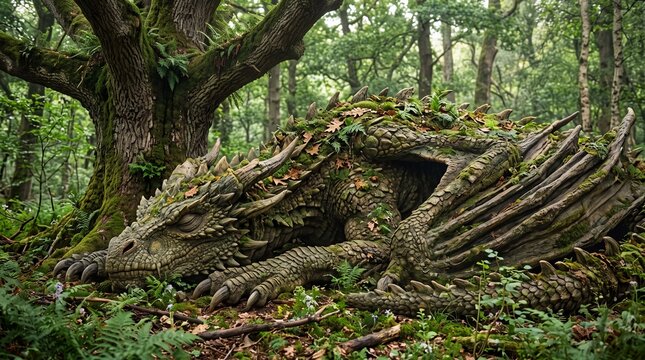 Sleeping Forest Dragon Camouflaged Among Mossy Trees