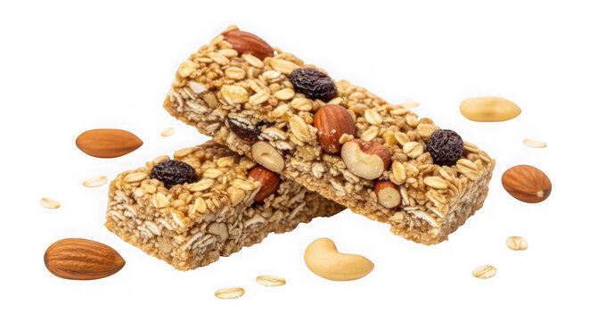 Healthy granola bars with nuts and dried fruits isolated on white area.