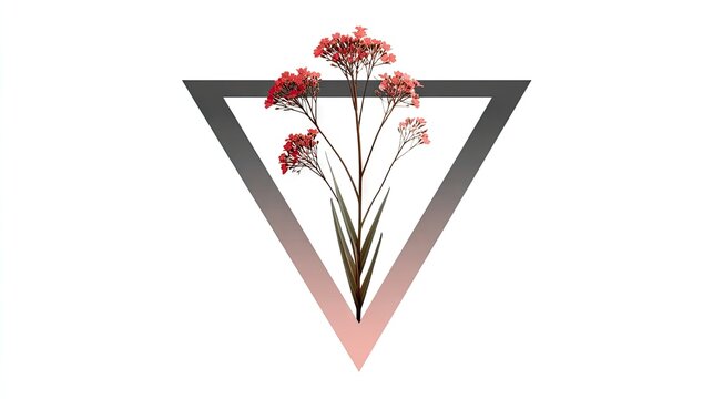 Floral arrangement with red flowers inside a geometric triangle design