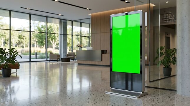 Vertical digital signage display with green screen mockup standing in a modern office building lobby