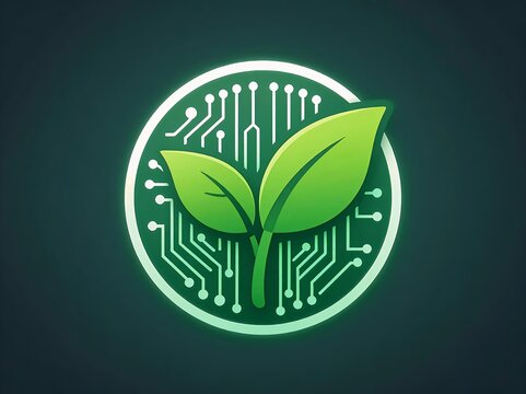 Eco friendly tech concept logo with green sprout and electronic circuitry illustration.