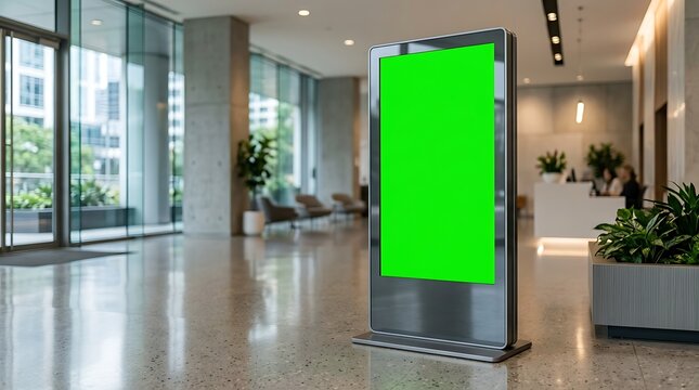 Vertical digital signage display with a green screen mockup standing in a modern office building lobby