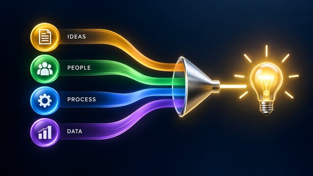 Business idea generation funnel combining people process and data into a bright glowing light bulb