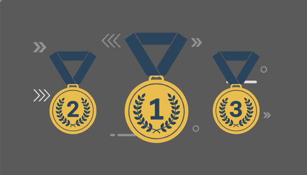 Set of three golden victory medals featuring embossed numbers one two and three with blue ribbons against a solid grey backdrop.