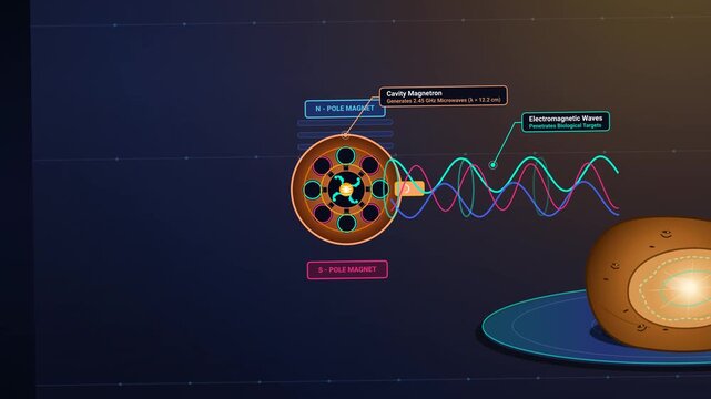 Educational animation explaining the physics of dielectric heating in a microwave, illustrating how a cavity magnetron generates electromagnetic waves to heat a potato at the molecular level