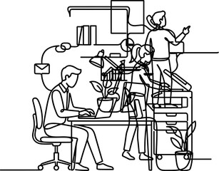 Fototapeta premium Teamwork in modern office line art illustration of people working together