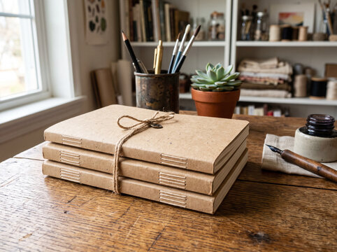A stack of three brown paper journals tied with twine sits on a rustic wooden desk.