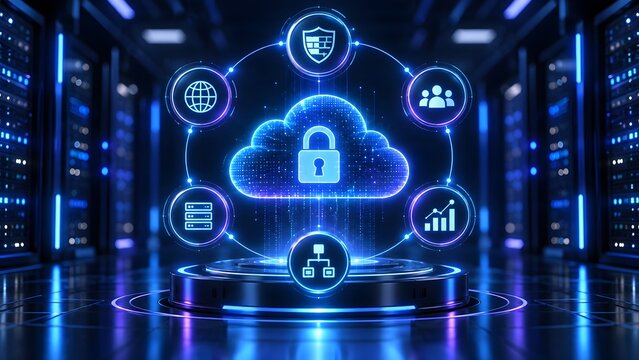 Secure cloud computing and data privacy concept with glowing padlock icon surrounded by cybersecurity network symbols in a server room.
