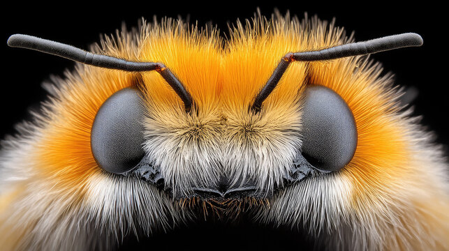 Extreme Macro Close-up of a Bumblebee's Face: Detailed Compound Eyes, Fuzzy Orange and White Fur, Black Background