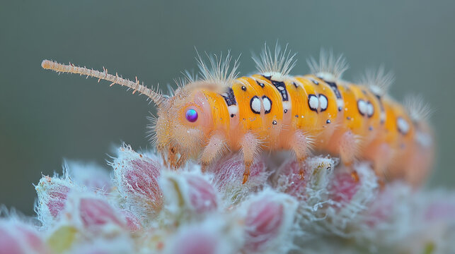 Extreme Close-up of a Tiny Orange Springtail Insect with Blue Eyes on a Soft Pink Plant Bud