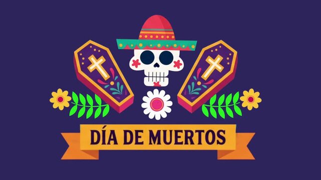 Dia de Muertos Sugar Skull Animation with Crossed Coffins, Flowers and Ribbon Banner, Mexican Celebration Motion Graphic