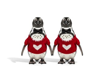 Fototapeta premium Two penguins holding hands in red sweaters