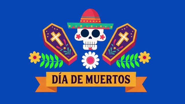 Dia de Muertos Sugar Skull Animation with Crossed Coffins, Flowers and Ribbon Banner on Blue Background, Mexican Celebration Motion Graphic 
