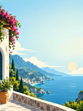 Scenic mediterranean coastal landscape with mountain village, blue sea and terrace
