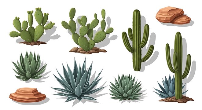 Set of various green desert cactus and agave plants on white