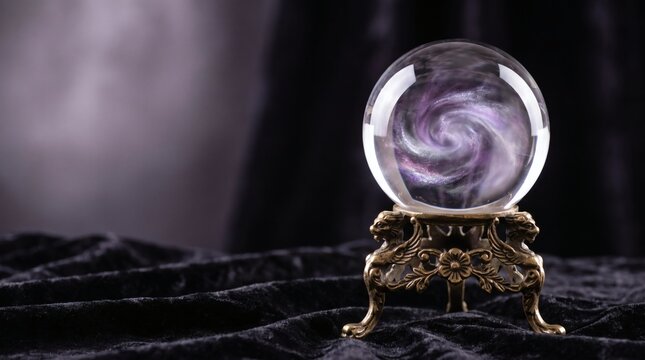 Mystical crystal ball on ornate brass tripod, swirling purple mist, copy space on velvet
