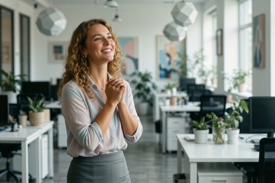 A cheerful junior woman in a modern office stands with hands clasped, gazing upward with a warm smile on her radiant face.