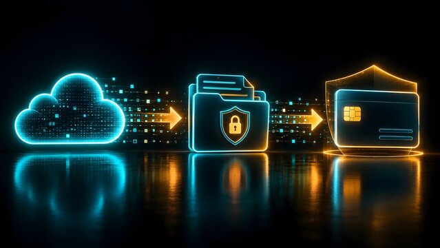 Encrypted digital data transfer showing cloud storage secure locked folder and credit card glowing neon icons on reflective surface.