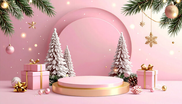 Pink christmas podium stage with festive decoration