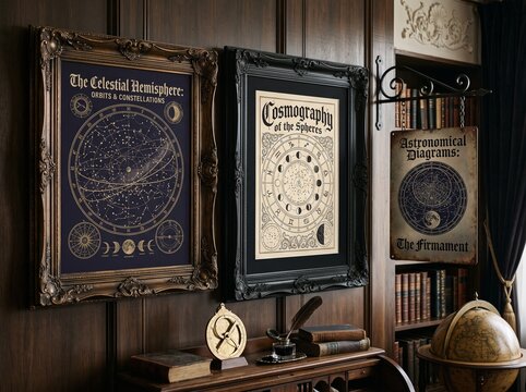 Vintage framed astronomical charts and celestial maps displayed in a classic library study.