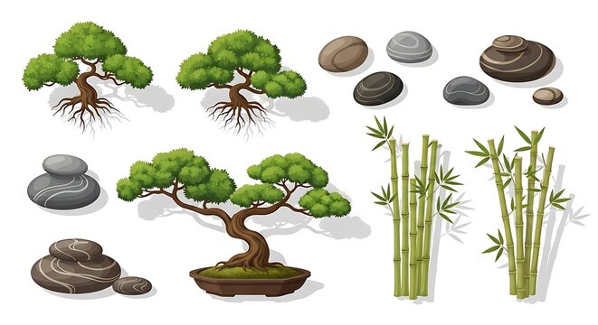 Set of zen garden bonsai trees bamboo plants and stack of stones