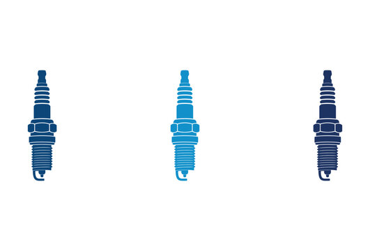 Set of three blue automotive spark plug icons for car engine maintenance and ignition systems.