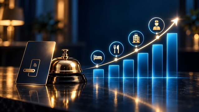 Hospitality Industry Growth Concept with Reception Bell Keycard and Rising Holographic Chart with Hotel Icons