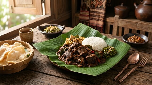Traditional Indonesian beef rendang served on a banana leaf with steamed white rice and side dishes.