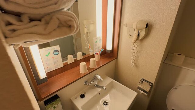 A person opens the white door into a clean hotel bathroom equipped with a washbasin, large mirror, hairdryer, toilet, towels, and bathtub with frosted glass shower folding screen.

