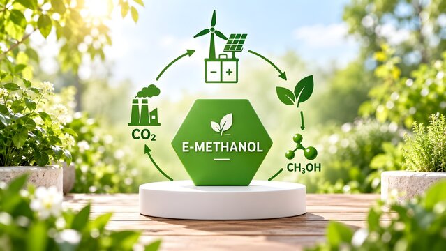 E-Methanol Sustainable Energy Concept with CO2 Capture, Renewable Wind and Solar Power, and Green Methanol Chemical Structure Hexagon on a Wooden Stand in Nature