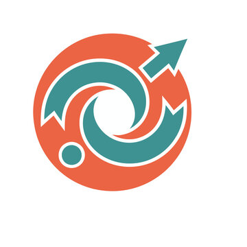 Circular arrow logo with a small circle