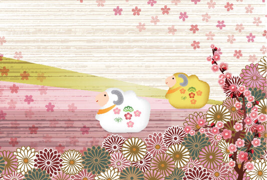 日本の伝統的な縁起物と季節の花や桜のデザイン