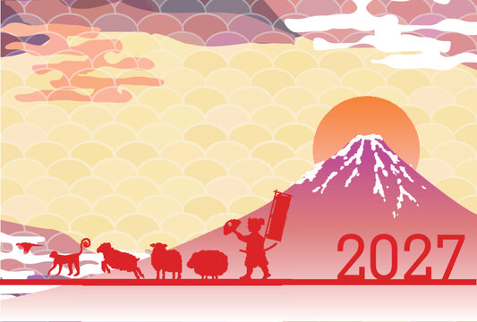 富士山と日の出の風景および動物のシルエットの和風デザイン