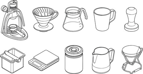 Obraz premium Specialty Coffee Brewing Equipment and Barista Tools Vector Line Icon Set Featuring Manual Espresso Maker Pour Over Dripper Tamper Scale Pitcher