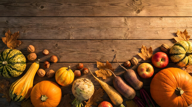 Rustic autumn harvest arrangement of pumpkins, apples, nuts and root vegetables on a textured wooden background.