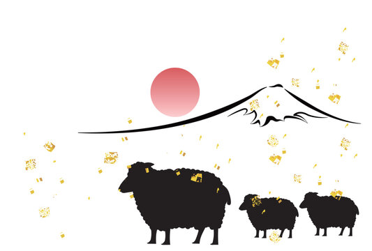 富士山と金箔が舞うシルエットの動物たちが描かれたミニマルな日本の風景