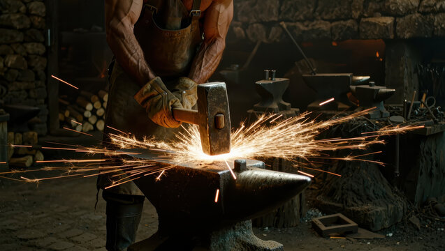 Blacksmith hammering glowing metal on anvil in dark forge, creating bright sparks and showcasing skilled craftsmanship
