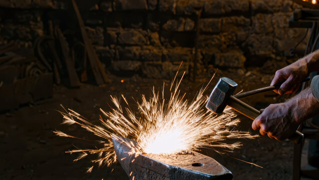 Blacksmith forging glowing metal on anvil with hammer and bright sparks in dark stone workshop