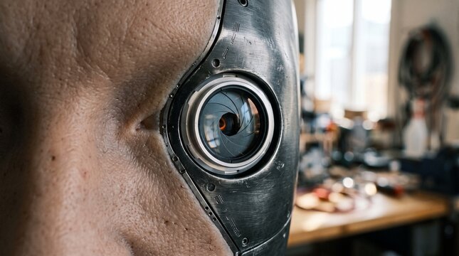 Extreme Close-up of a Futuristic Cyborg Eye Camera Lens Integrated into Humanoid Facial Skin Structure