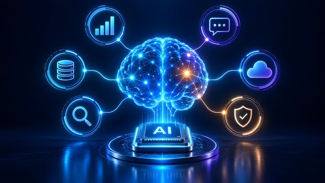 Advanced artificial intelligence concept showing a glowing digital brain on a processor chip surrounded by cloud computing, database, security, and analytics network icons