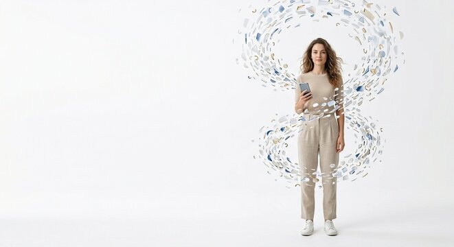 Woman Holding Smartphone Standing Inside Abstract Infinity Loop Particle Graphic Against White Background