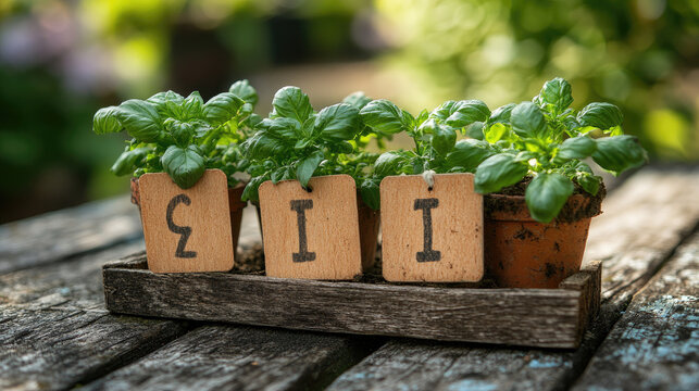 Fresh Basil Herb Plants in Pots with Scrabble Tiles Spelling 'III' on Rustic Wooden Tray