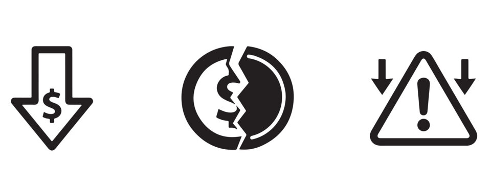 Set of financial business icons showing dollar decrease and broken coin
